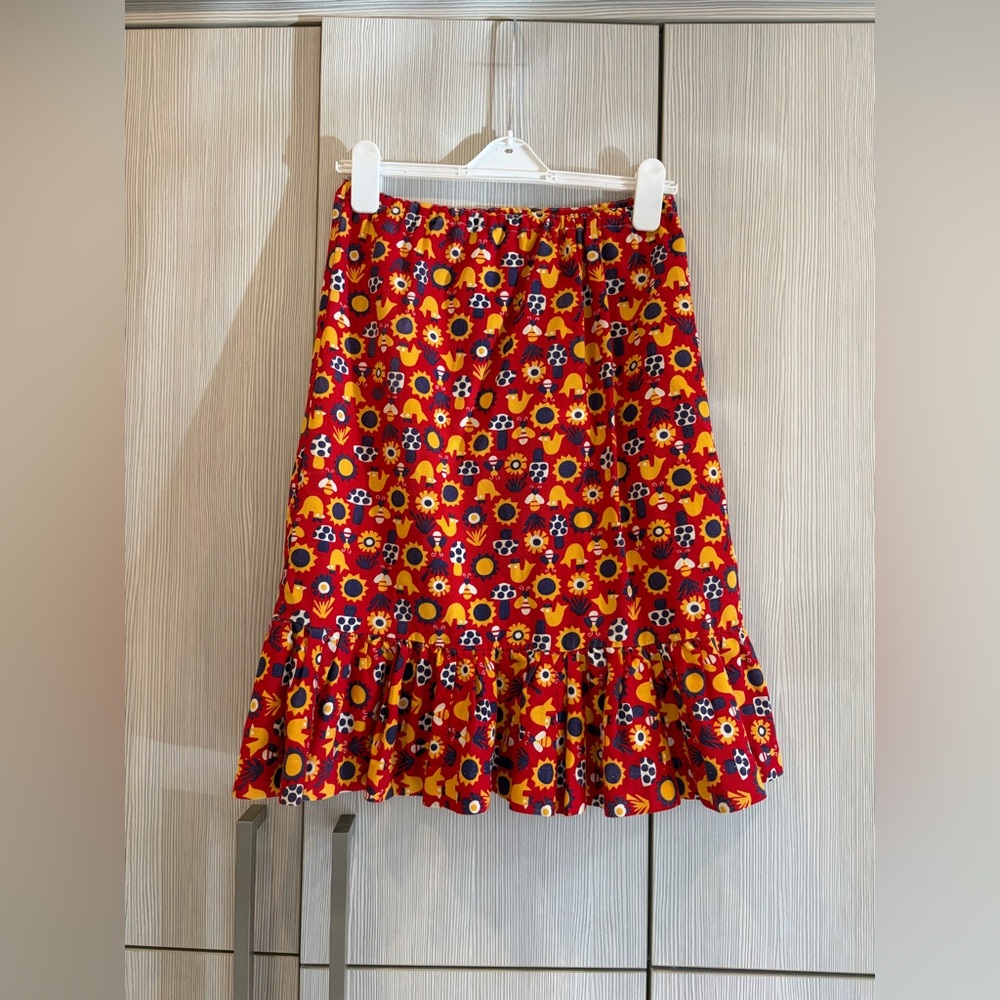 Handmade Cotton Skirt Red Folk Print Pull‎ On Ruffle Hem Midi Approx Size 6